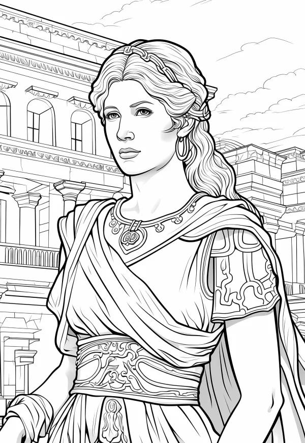 Classical roman noble woman, ancient roman architecture background — free printable roman culture coloring book page