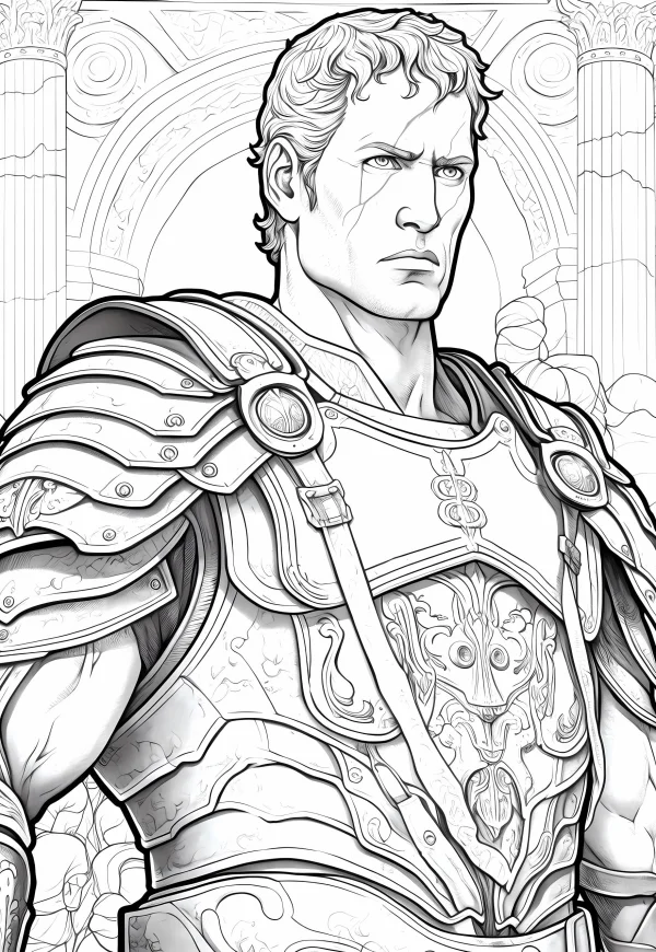 Roman warrior in detailed ornate armor, classical roman style — free printable roman culture coloring book page