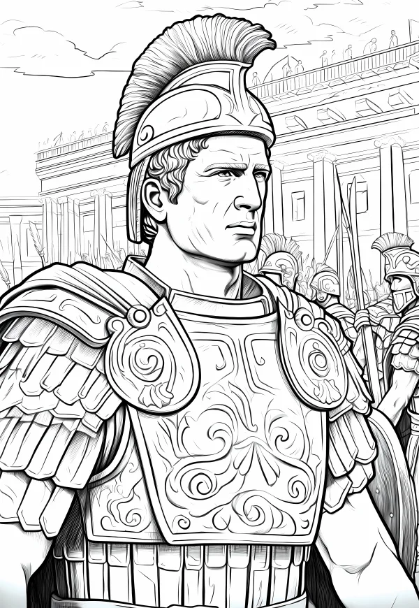 Roman warrior with plumed helmet and intricately carved armor, classical sketch style — free printable history coloring book page