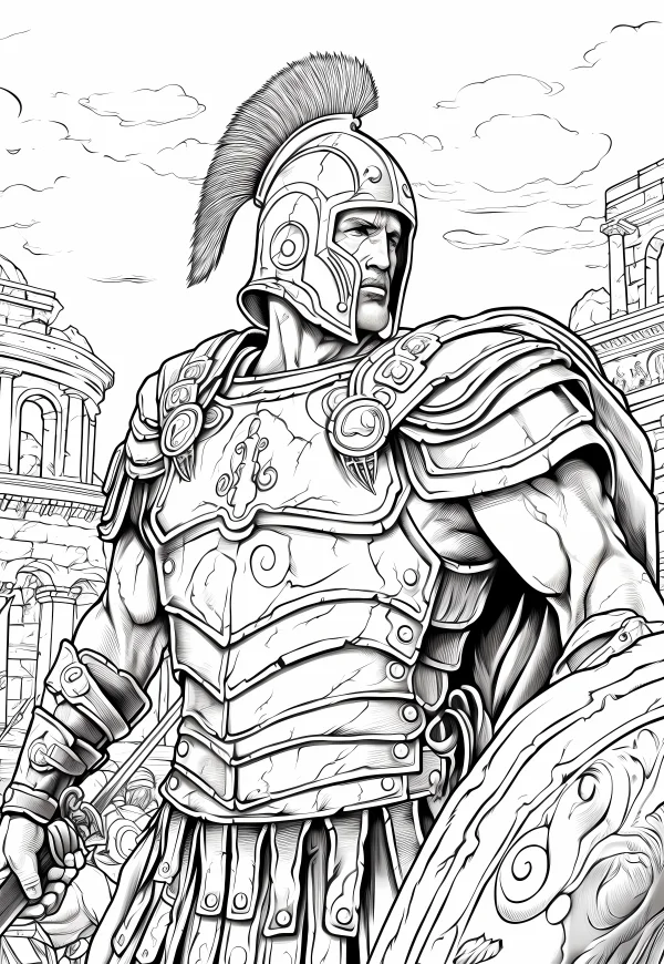 Roman heavy-armored soldier, realistic sketch style — free printable history coloring book page