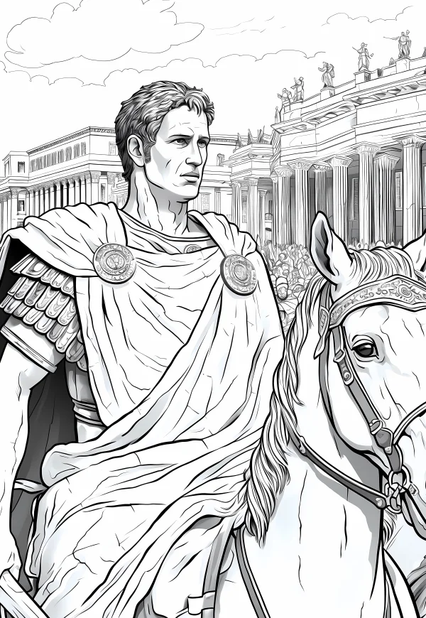 Ancient roman general riding a white horse, realistic european historical roman style — free printable history coloring book page