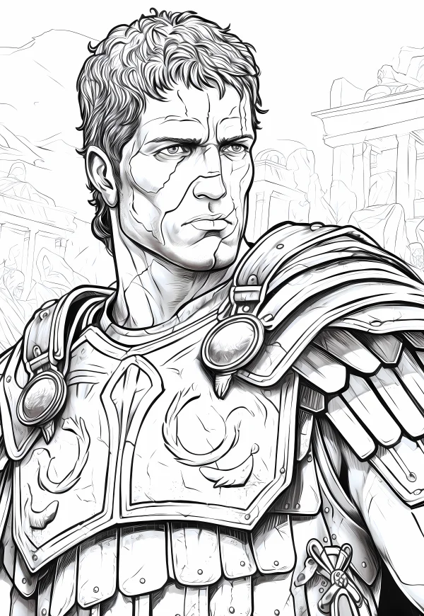 Ancient roman warrior in detailed metal armor, realistic style — free printable history coloring book page