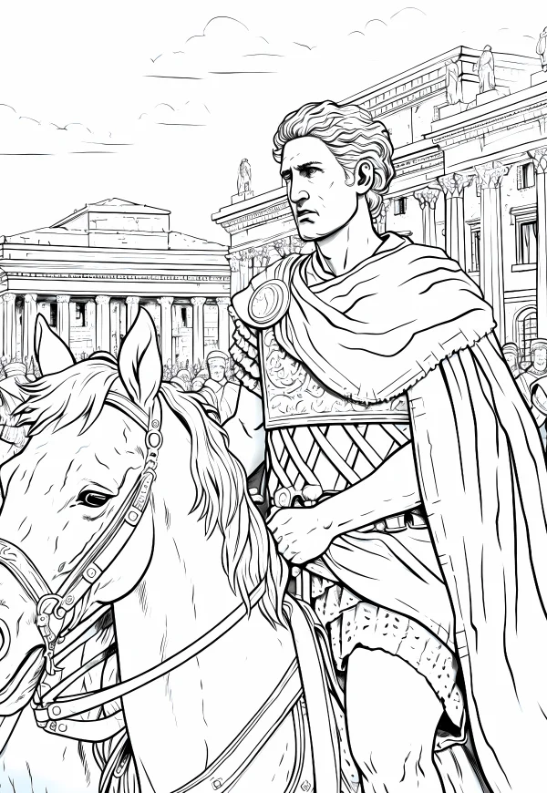 Roman general riding a horse, classical european roman style — free printable historical figures coloring book page
