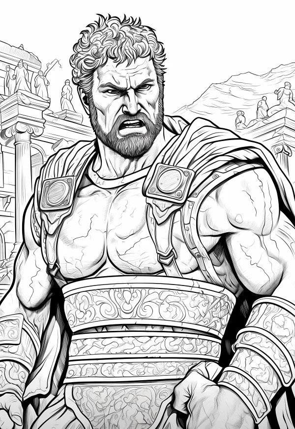 Angry ancient roman warrior with muscular physique, realistic retro roman art style — free printable rome coloring book page