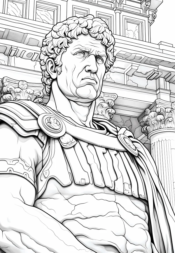 Ancient roman male commander in armor, classical european style — free printable rome coloring book page