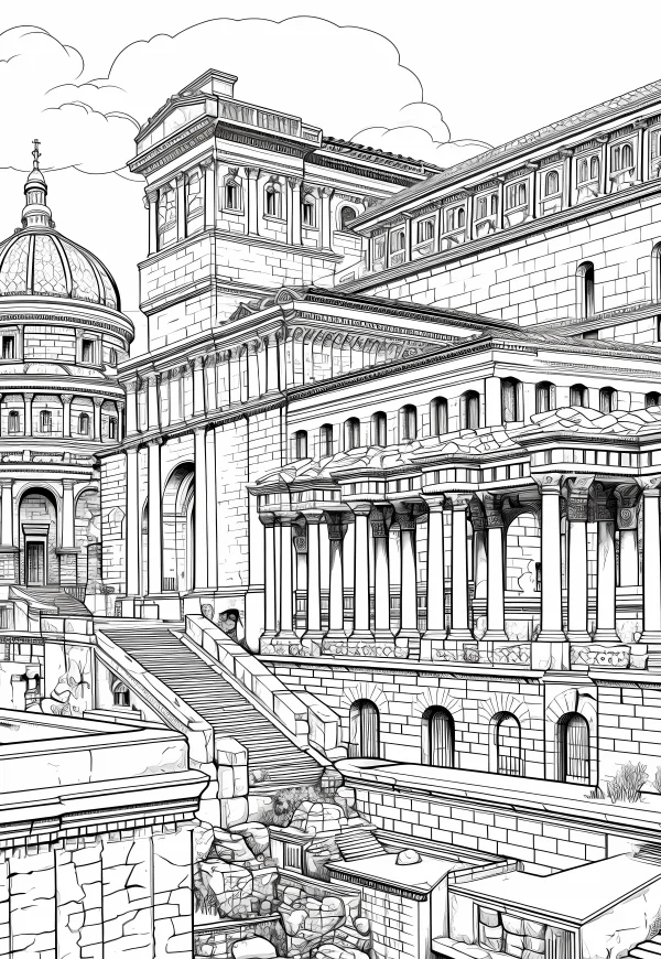 Classical european architectural complex, realistic classical european style — free printable classical coloring book page