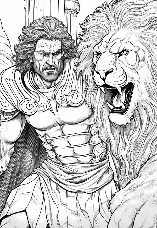 Muscular classical warrior with roaring lion, mythological fantasy style — free printable warrior coloring book page
