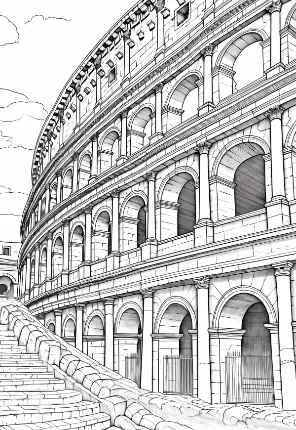 Roman colosseum, classical realistic style — free printable rome coloring book page