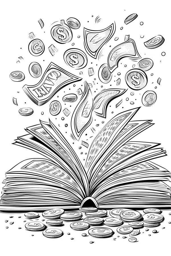 Open book with flying dollar coins and banknotes, sketch style — free printable wealth coloring book page