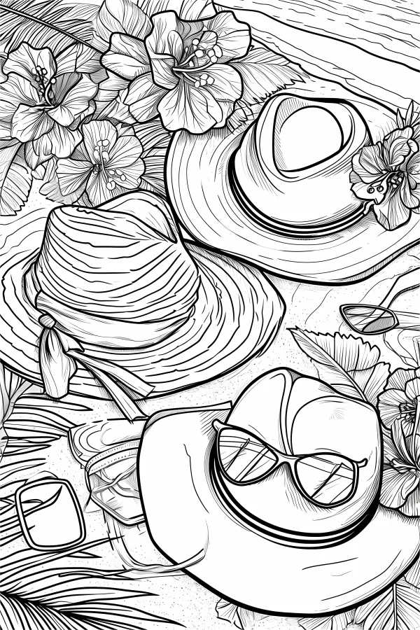 Vacation-style wide-brimmed hats, sketch style — free printable summer coloring book page