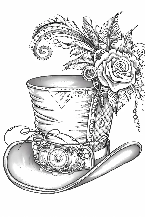 Steampunk top hat with intricate decorations including roses, feathers — free printable items coloring book page