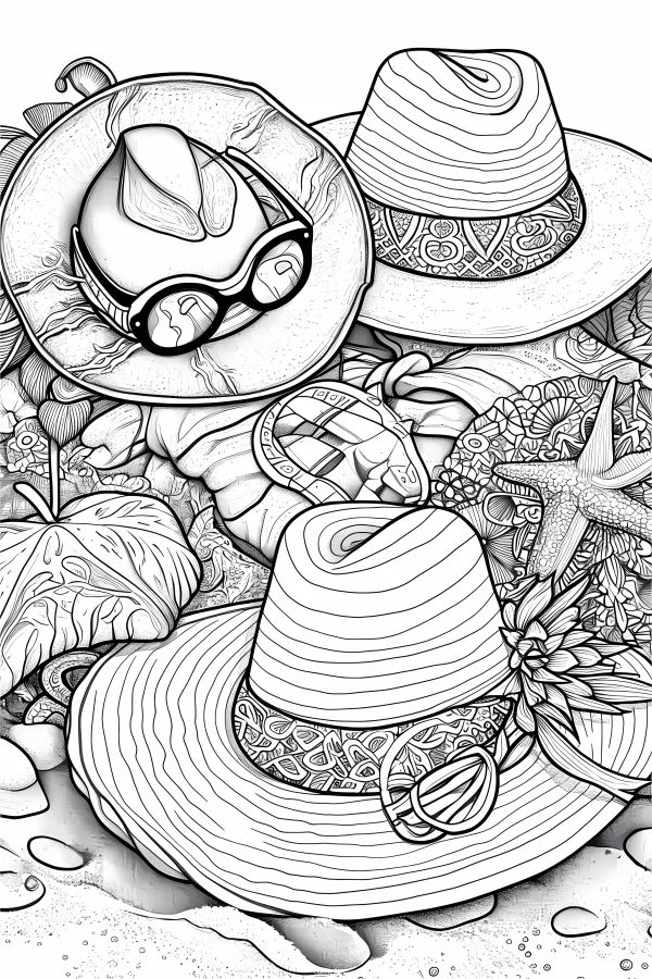 Beach vacation themed hat combination including wide-brimmed hats and cowboy hat with sunglasses, realistic line art style — free printable summer coloring book page