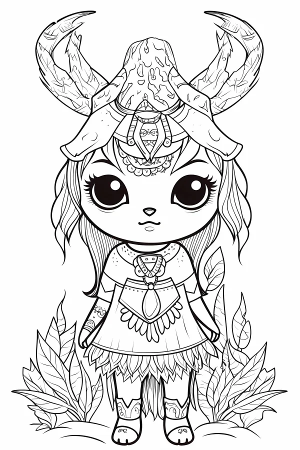 Cute tribal-style anthropomorphic horned beast girl, cartoon art style — free printable indigenous culture coloring book page