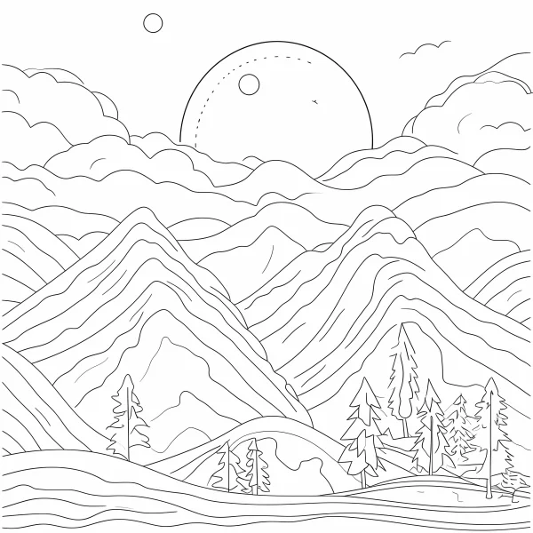Mountain forest landscape, sketch line art style — free printable mountains and rivers coloring book page