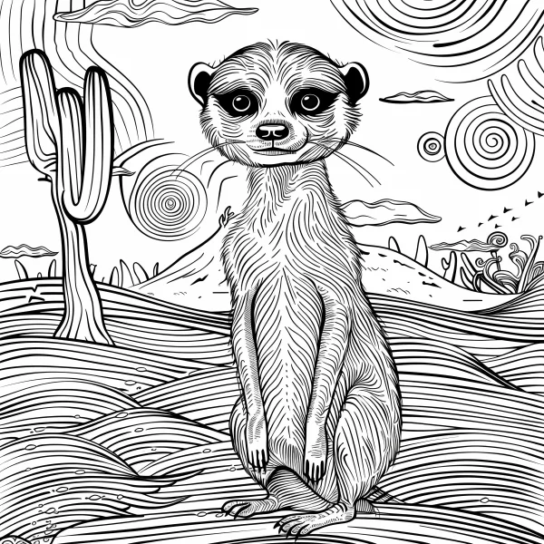 Meerkat in desert, sketch style — free printable desert coloring book page