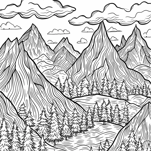 Mountain and forest landscape, sketch style — free printable mountains coloring book page