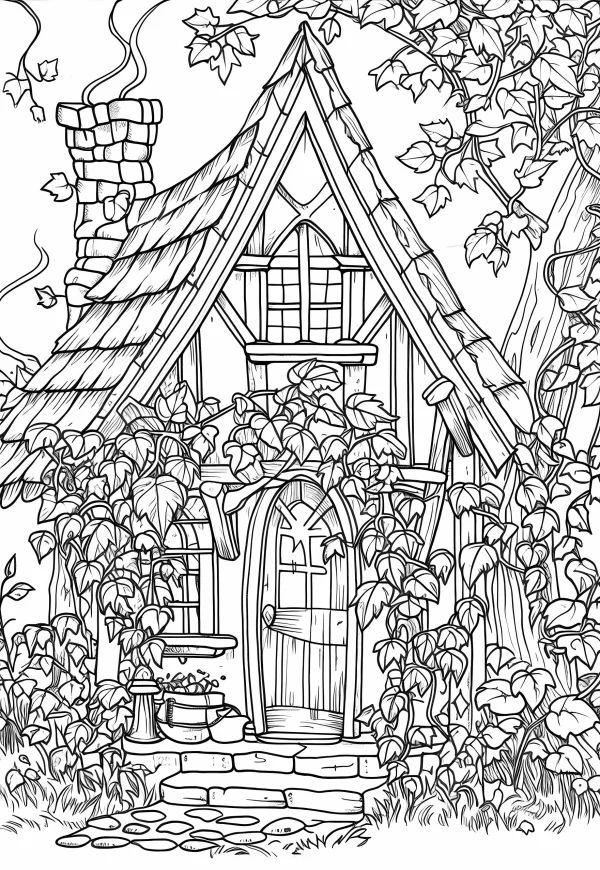 Fairy tale cottage surrounded by vines, hand-drawn line art style — free printable countryside coloring book page
