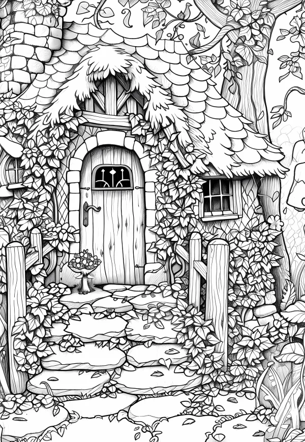 Fairy tale cottage in the forest, fairy tale style — free printable countryside coloring book page
