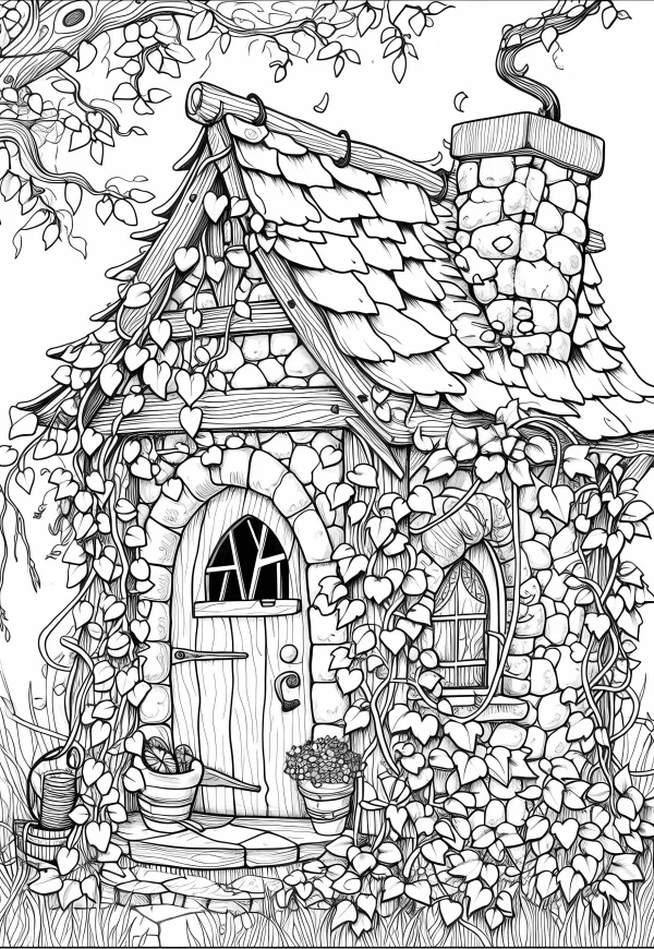 Fairy tale cottage surrounded by vines and trees, fairy tale illustration style — free printable pastoral coloring book page