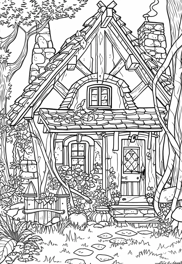 Fairy tale cottage in deep forest, fairy tale illustration style — free printable pastoral coloring book page