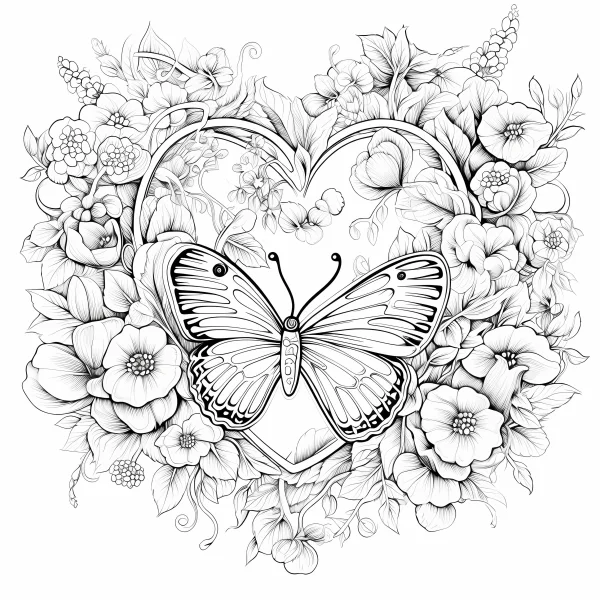 Butterfly surrounded by heart-shaped floral arrangement, fine clean outlines — free printable romance coloring book page