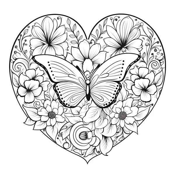Butterfly with flowers inside heart frame, line art illustration — free printable romance coloring book page