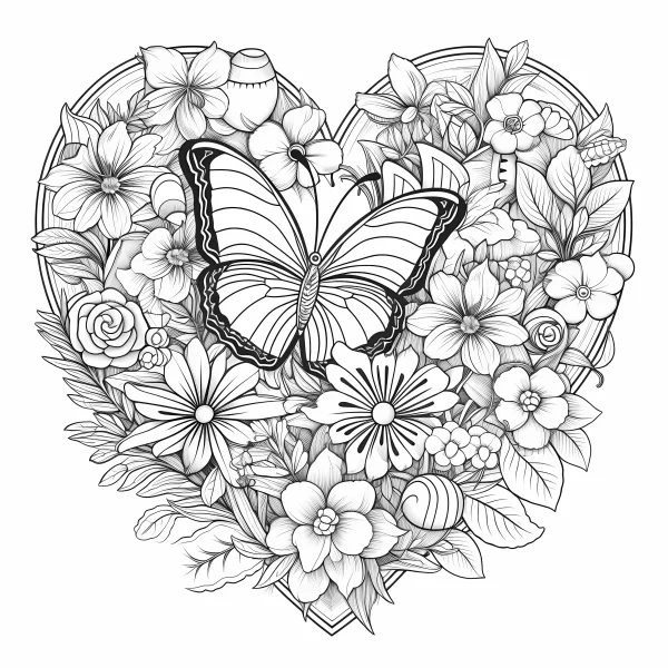 Heart-shaped frame filled with butterfly and assorted flowers including roses and daisies, art nouveau style — free printable romance coloring book page