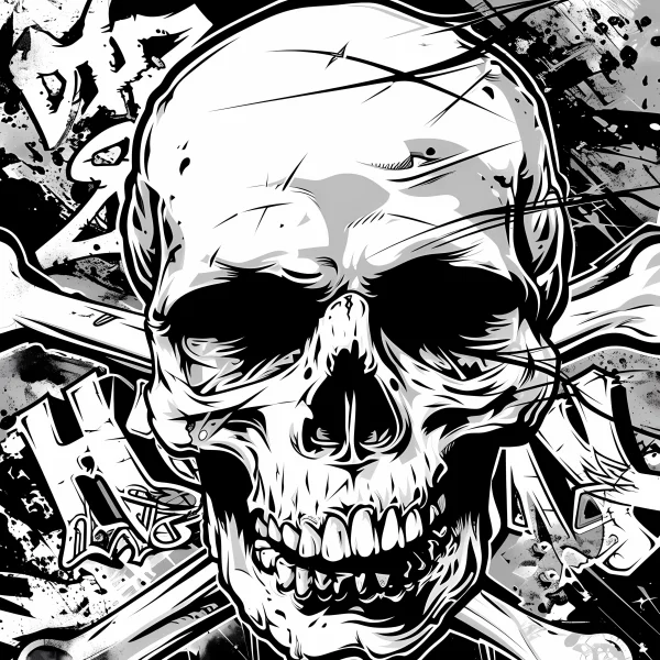 Graffiti-style horror skull with crossbones, street art and dark gothic style — free printable street art coloring book page