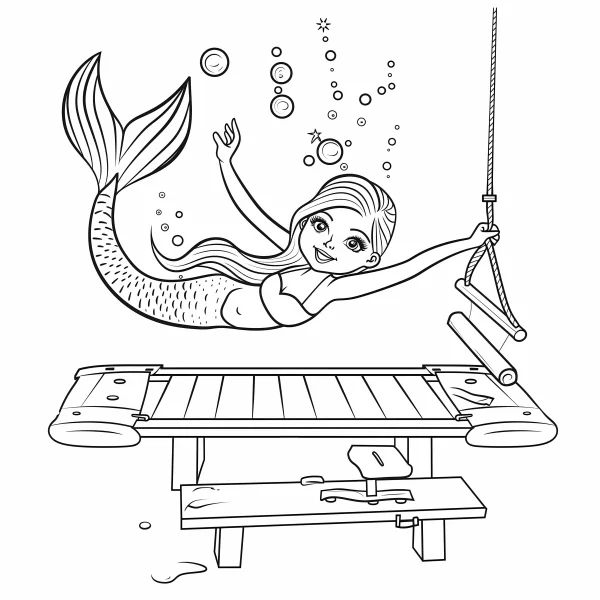 Mermaid playing on a trampoline, cartoon style — free printable children's life coloring book page