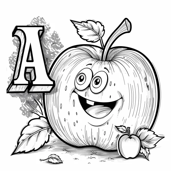 Cartoon anthropomorphic apple with letter a, cute childish style — free printable fruit coloring book page