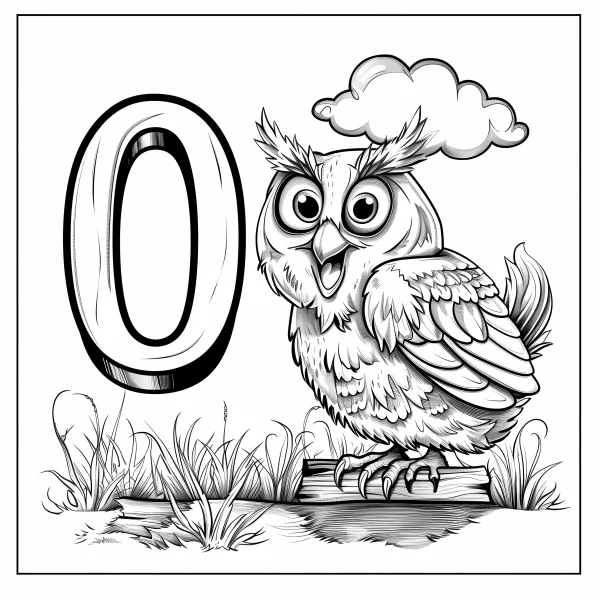 Cute owl with number 0, cartoon style — free printable learning coloring book page