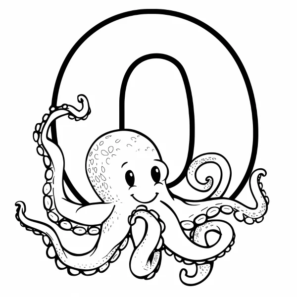 Cute octopus with letter o, cartoon style — free printable learning coloring book page