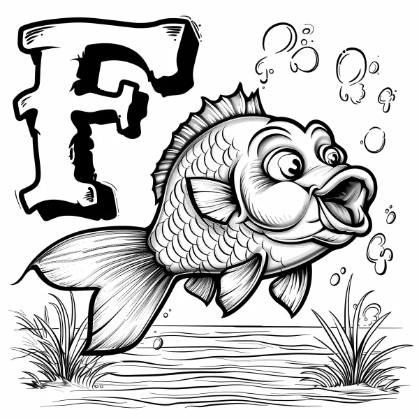 Cartoon fish with letter f, cartoon style — free printable learning coloring book page
