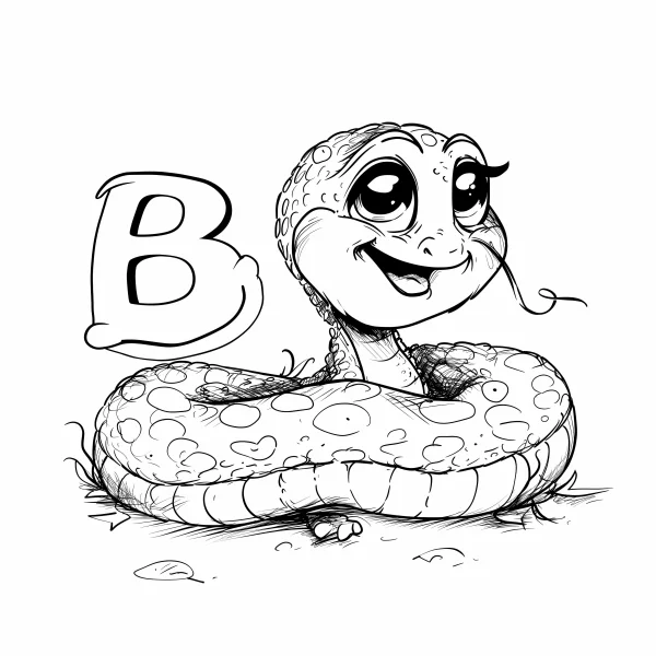 Cute cartoon snake with letter b, cartoon style — free printable learning coloring book page