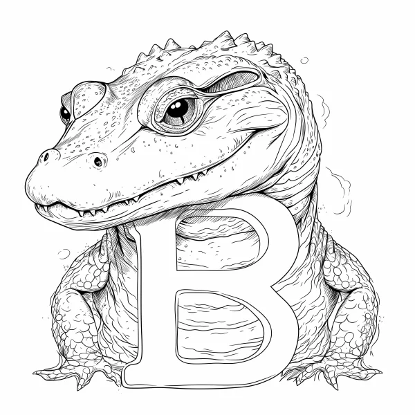 Cute alligator holding letter b, cartoon style — free printable education coloring book page
