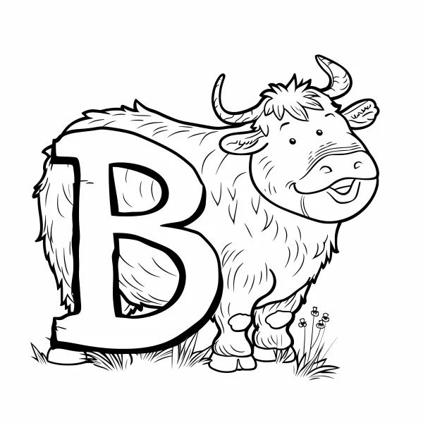 Letter b integrated with cute yak, cartoon style — free printable learning coloring book page
