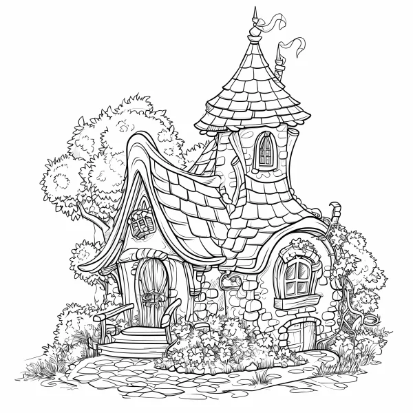 Fairy tale stone cottage with a pointed tower, whimsical illustration style — free printable cabin coloring book page