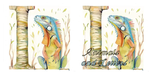 Coloring book cover, iguana integrated with letter i — free printable coloring page