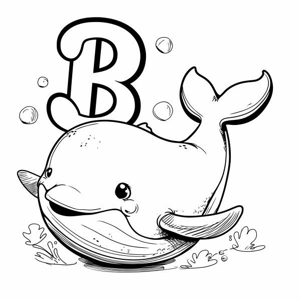 Cartoon whale with letter b, cute cartoon style — free printable learning coloring book page