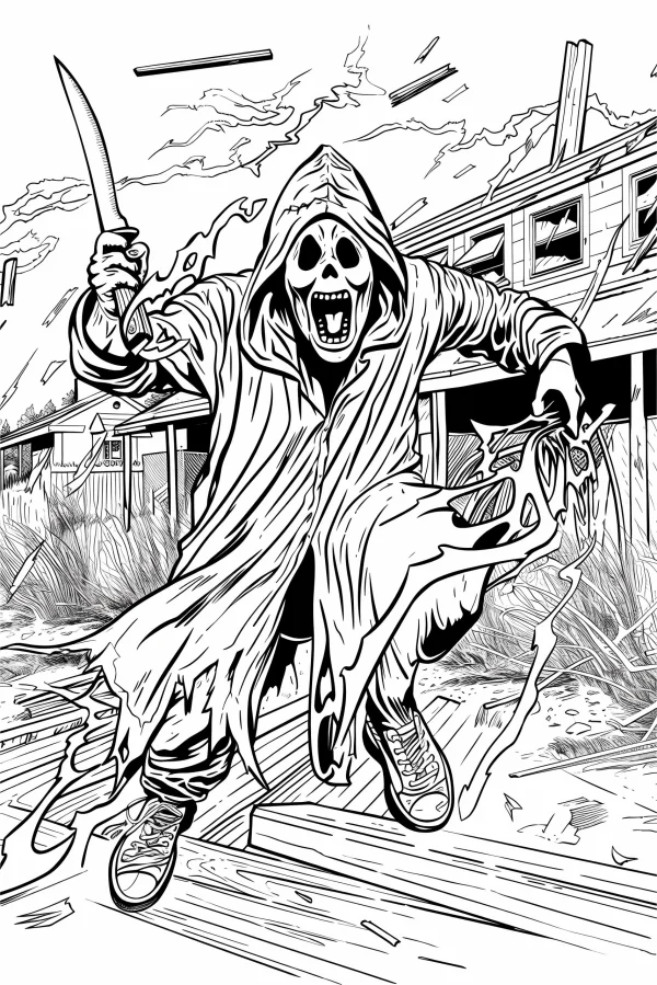 Horror grim reaper holding a curved knife, dark horror style — free printable apocalypse coloring book page