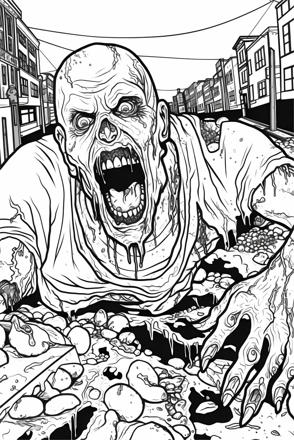 Terrifying zombie crawling on urban street, horror cartoon style — free printable apocalypse coloring book page