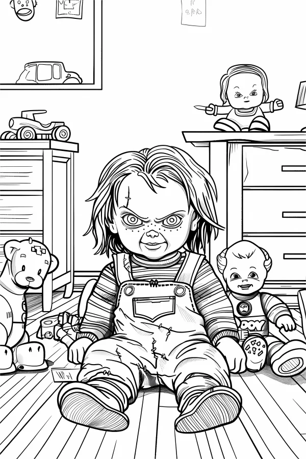 Horror chucky doll sitting on wooden floor, cartoon horror style — free printable toys coloring book page