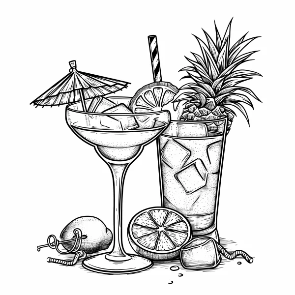 Coloring book page, tropical drinks set with margarita glass and tall glass — free printable summer coloring book page