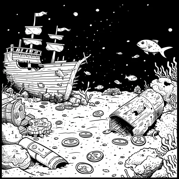 Underwater sunken ship, cartoon style — free printable underwater scene coloring book page