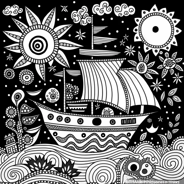 Decorative fantasy sailing ship, art nouveau style — free printable sailing coloring book page