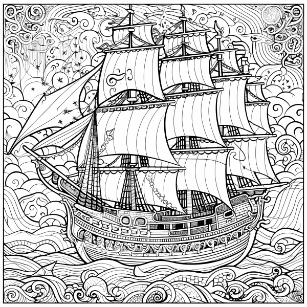 Vintage sailing ship on turbulent ocean waves, retro art style — free printable sailing coloring book page