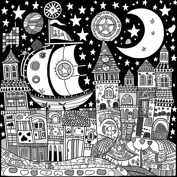 Whimsical fairy tale city with a decorative spaceship, cartoon decorative art style — free printable starry sky coloring book page