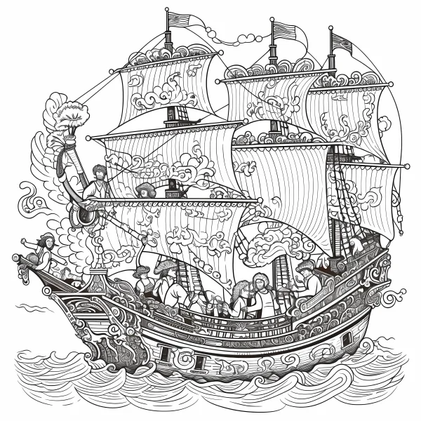 Ornate pirate sailing ship with crew, vintage illustration style — free printable sailing coloring book page