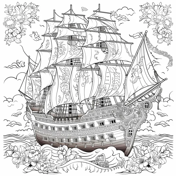 Vintage decorated sailing ship on ocean waves, surrounded by blooming flowers — free printable sailing coloring book page