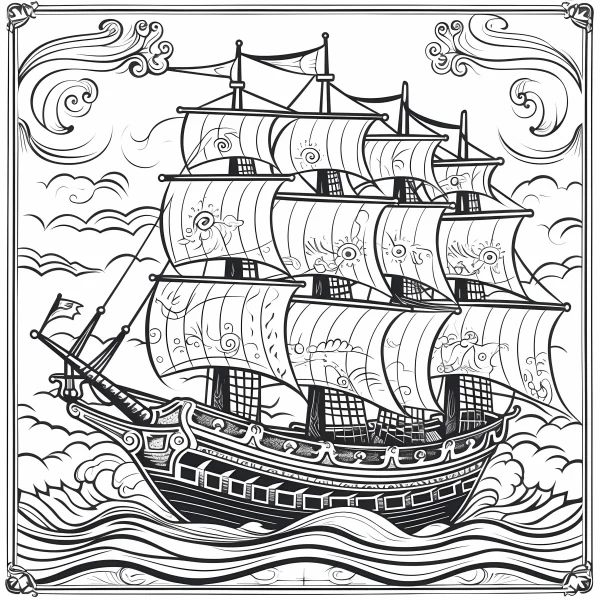 Vintage multi-masted sailing ship navigating ocean waves, retro line art style — free printable sailing coloring book page
